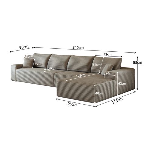 Canapé Compressé Modulable 5 Places, Module Chaise Longue Reversible, Mousse, Velours Côtelé Camel