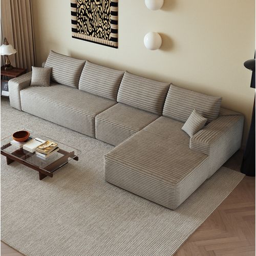 Canapé Compressé Modulable 5 Places, Module Chaise Longue Reversible, Mousse, Velours Côtelé Camel