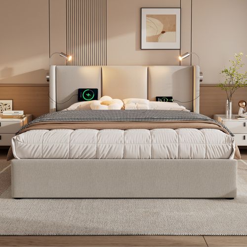 Lit Coffre 160x200 Cm Avec Sommier, Cadre De Lit Avec Rangement, Lampe, USB, En Lin Beige