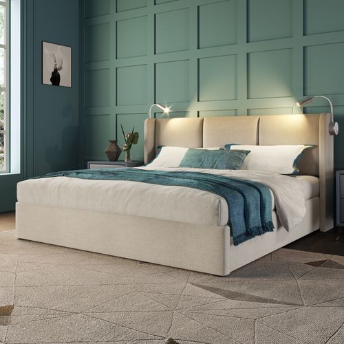 Lit Coffre 160x200 Cm Avec Sommier, Cadre De Lit Avec Rangement, Lampe, USB, En Lin Beige