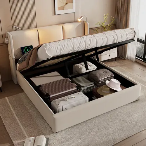 Lit Coffre 160x200 Cm Avec Sommier, Cadre De Lit Avec Rangement, Lampe, USB, En Lin Beige