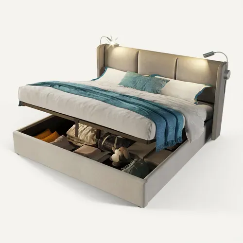 Lit Coffre 160x200 Cm Avec Sommier, Cadre De Lit Avec Rangement, Lampe, USB, En Lin Beige