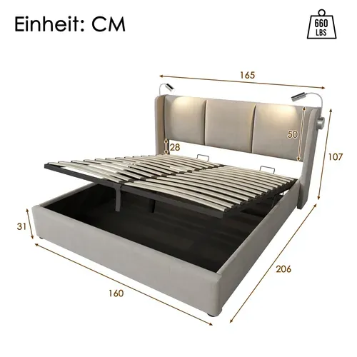 Lit Coffre 160x200 Cm Avec Sommier, Cadre De Lit Avec Rangement, Lampe, USB, En Lin Beige