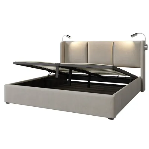 Lit Coffre 160x200 Cm Avec Sommier, Cadre De Lit Avec Rangement, Lampe, USB, En Lin Beige