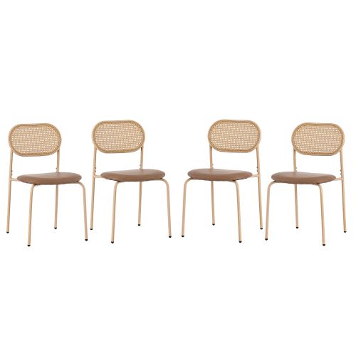 Lot De 4 Chaises De Salle à Manger, Dossier Ovale En Rotin Naturel, Assise En Pu, Pieds Métal, Brun