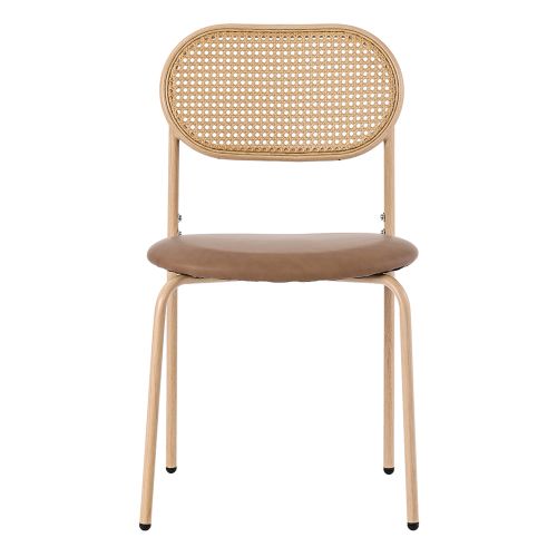 Lot De 4 Chaises De Salle à Manger, Dossier Ovale En Rotin Naturel, Assise En Pu, Pieds Métal, Brun