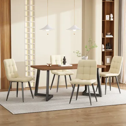 Ensemble Table Et Chaises, Table à Manger 117 Cm Avec Pieds Métal Et 4 Chaises En Velours Beige