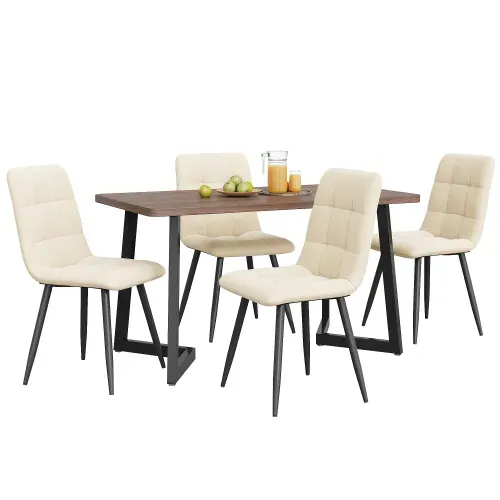 Ensemble Table Et Chaises, Table à Manger 117 Cm Avec Pieds Métal Et 4 Chaises En Velours Beige
