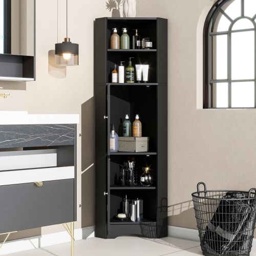 Meuble De Salle De Bains Noir Compact Avec 2 Porte Et Étagères Ouvertes