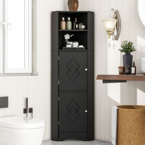 Meuble De Salle De Bains Noir Compact Avec 2 Porte Et Étagères Ouvertes