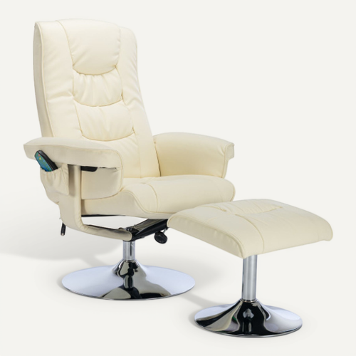 Fauteuil Massant Inclinable 135° Avec Repose-pieds Pouf, Rotation 360°, Beige