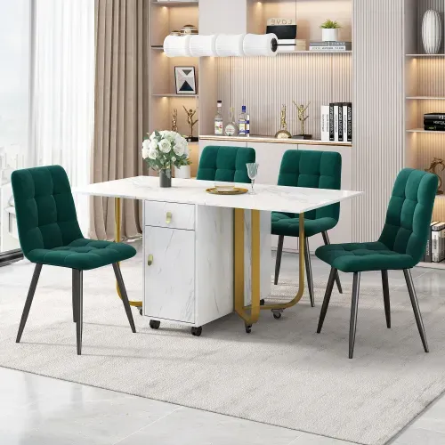 Ensemble Table Et Chaises, Table à Manger Avec Pieds Métal Doré Et 4 Chaises En Velours Vert