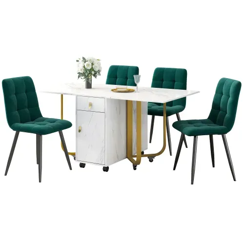 Ensemble Table Et Chaises, Table à Manger Avec Pieds Métal Doré Et 4 Chaises En Velours Vert