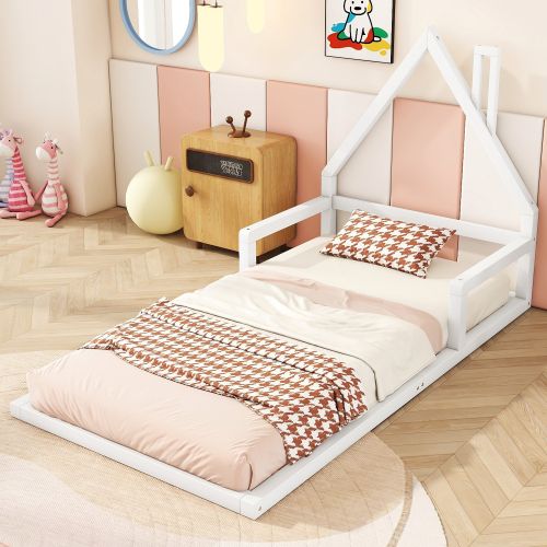 Lit Cabane Enfant 90x200 Cm, Avec Lattes, En Bois, Blanc