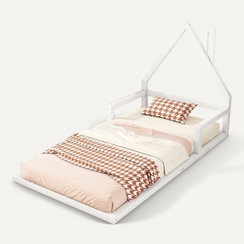 Lit Cabane Enfant 90x200 Cm, Avec Lattes, En Bois, Blanc