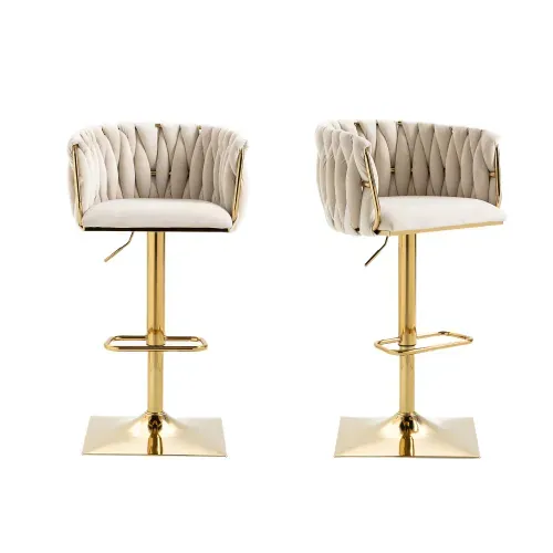 Lot De 2 Tabouret De Bar Pivotant 360° Avec Dossier Tressé, Assise En Velours, Réglable, Ivoire