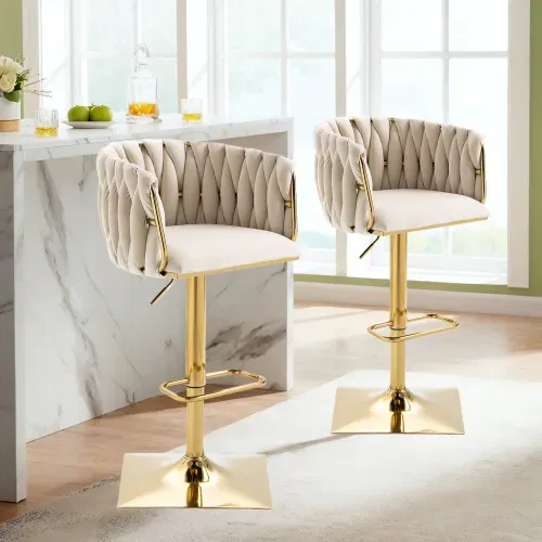 Lot De 2 Tabouret De Bar Pivotant 360° Avec Dossier Tressé, Assise En Velours, Réglable, Ivoire