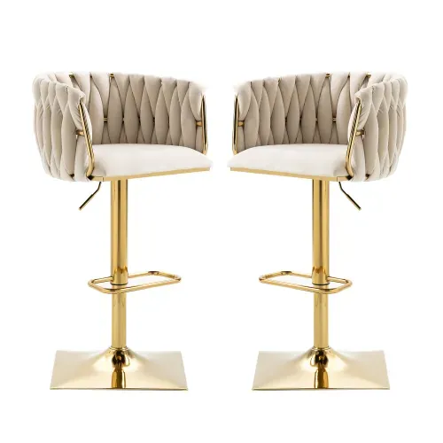 Lot De 2 Tabouret De Bar Pivotant 360° Avec Dossier Tressé, Assise En Velours, Réglable, Ivoire