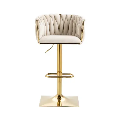 Lot De 2 Tabouret De Bar Pivotant 360° Avec Dossier Tressé, Assise En Velours, Réglable, Ivoire