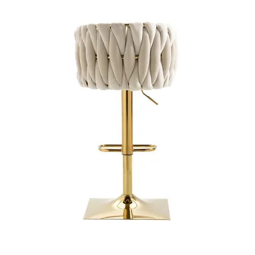Lot De 2 Tabouret De Bar Pivotant 360° Avec Dossier Tressé, Assise En Velours, Réglable, Ivoire