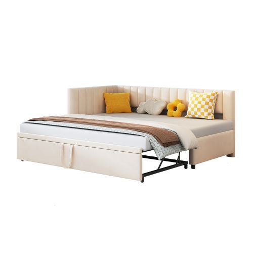 Lit Gigogne 90x200 Cm, Transformable En 180x200 Cm, En Velours, Beige