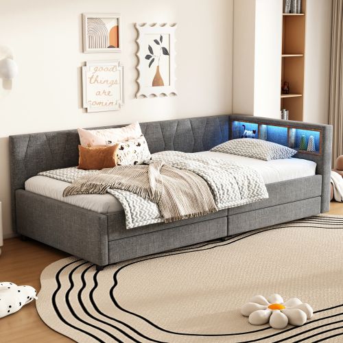 Lit Enfant 90x200 Cm, Tête De Lit De Rangement à LED Et 2 Tiroirs, Avec Lattes, En Lin, Gris
