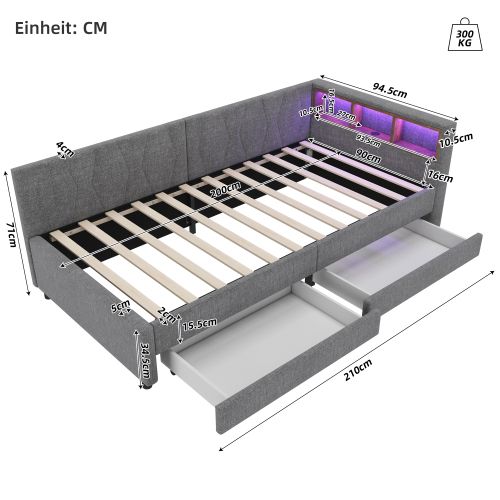 Lit Enfant 90x200 Cm, Tête De Lit De Rangement à LED Et 2 Tiroirs, Avec Lattes, En Lin, Gris