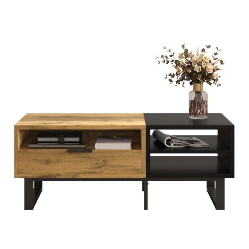 Table Basse Noir Et Bois Naturel Avec Rangements Et Tiroirs