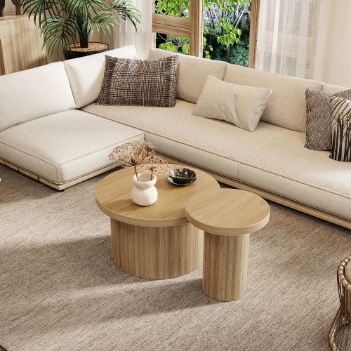 Lot De 2 Tables Basses Rondes Naturel, Table D'appoint Modulable