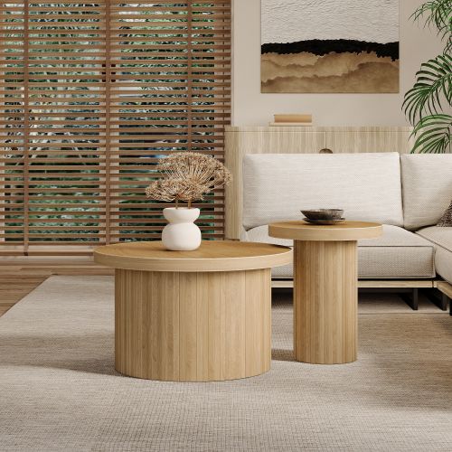 Lot De 2 Tables Basses Rondes Naturel, Table D'appoint Modulable