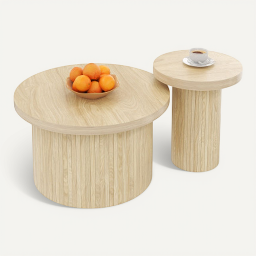 Lot De 2 Tables Basses Rondes Naturel, Table D'appoint Modulable
