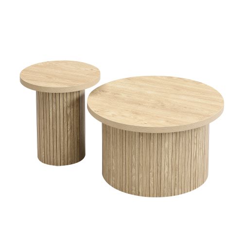 Lot De 2 Tables Basses Rondes Naturel, Table D'appoint Modulable