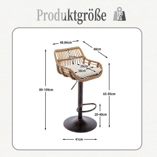 Lot De 2 Tabourets De Bar Réglables, Dossier Rotin, Assise En Lin Rembourrée, Beige