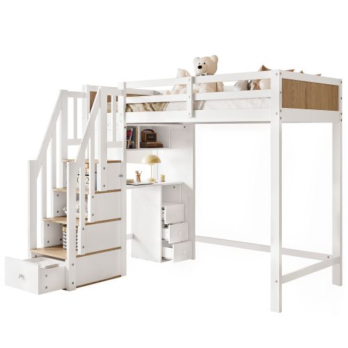 Lit Mezzanine 90x200 Cm Avec Bureau Et Rangements, Avec Lattes, En Bois, Blanc Et Naturel