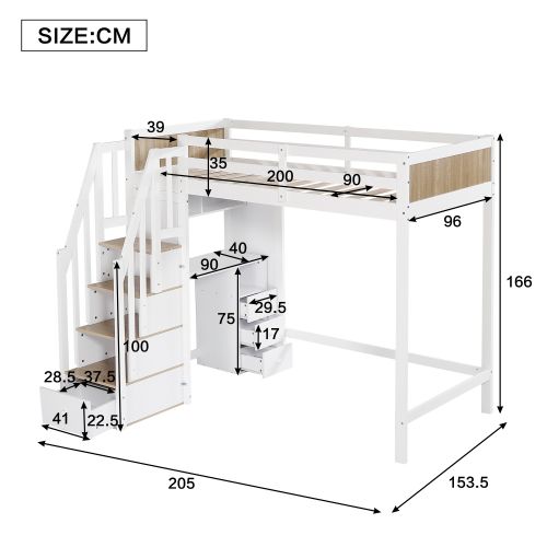 Lit Mezzanine 90x200 Cm Avec Bureau Et Rangements, Avec Lattes, En Bois, Blanc Et Naturel