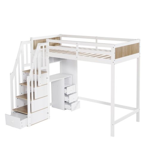 Lit Mezzanine 90x200 Cm Avec Bureau Et Rangements, Avec Lattes, En Bois, Blanc Et Naturel