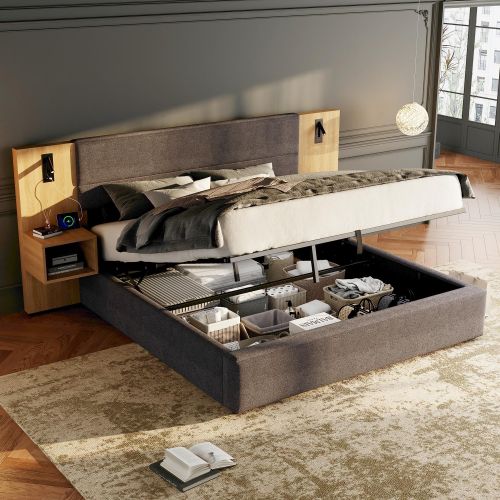 Lit Coffre 160x200 Cm Avec 2 Chevets Et Sommier à Lattes, En Velours, Gris Et Naturel