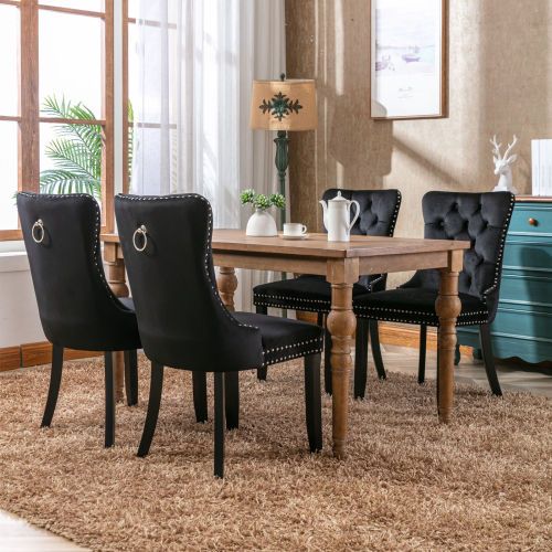 Lot De 2 Chaises De Salle à Manger, Dossier Haut Capitonné, Velours, Piètement Bois, Noir