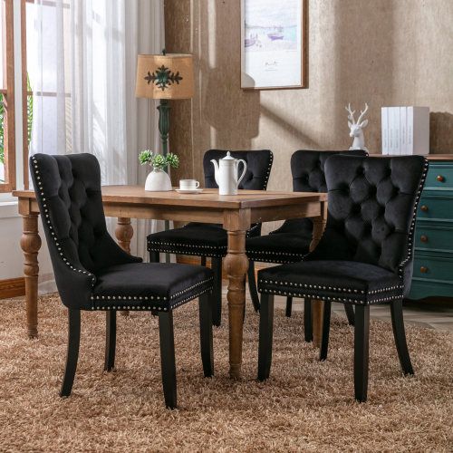 Lot De 2 Chaises De Salle à Manger, Dossier Haut Capitonné, Velours, Piètement Bois, Noir
