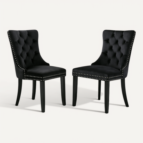 Lot De 2 Chaises De Salle à Manger, Dossier Haut Capitonné, Velours, Piètement Bois, Noir