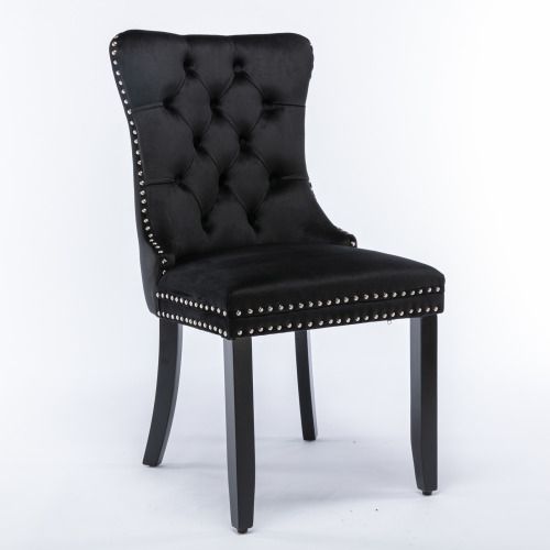 Lot De 2 Chaises De Salle à Manger, Dossier Haut Capitonné, Velours, Piètement Bois, Noir