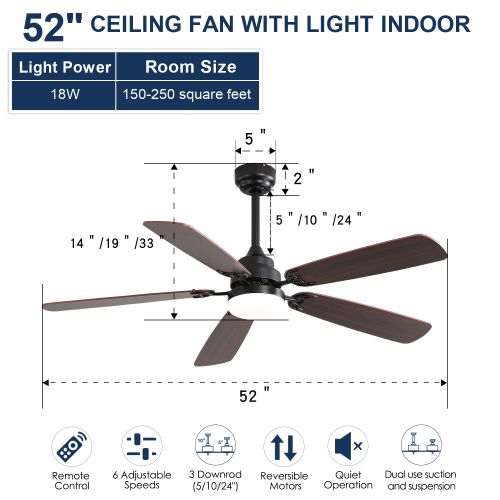 Ventilateur De Plafond 132 Cm Noir Avec LED 18w, Télécommande Et Moteur Dc