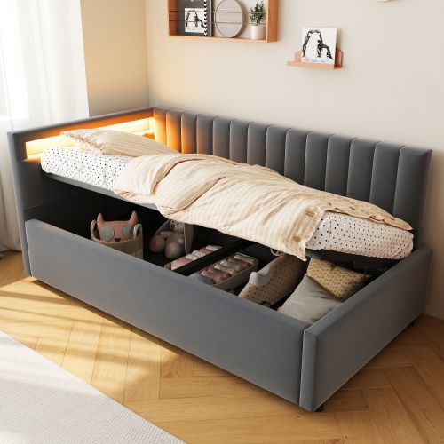 Lit Coffre 90x200 Cm, Tête De Lit LED Et Lattes, En Velours, Gris