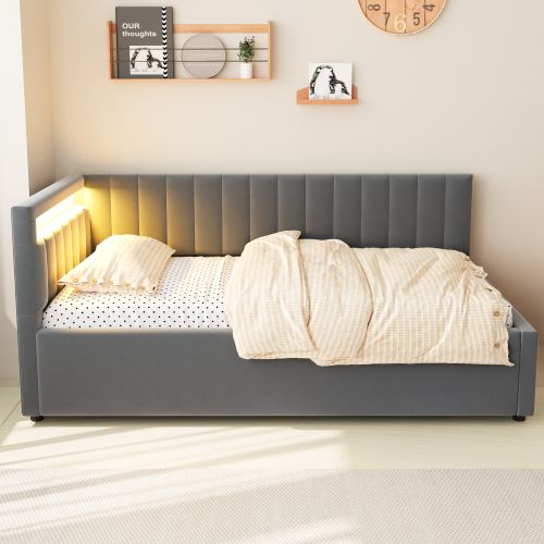Lit Coffre 90x200 Cm, Tête De Lit LED Et Lattes, En Velours, Gris