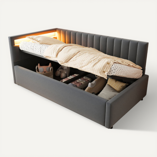 Lit Coffre 90x200 Cm, Tête De Lit LED Et Lattes, En Velours, Gris