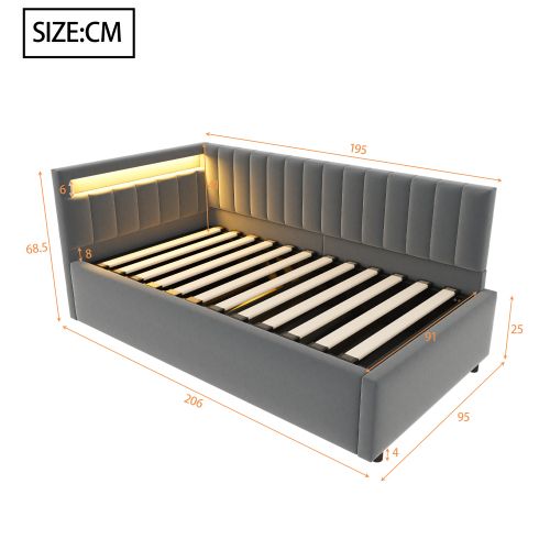 Lit Coffre 90x200 Cm, Tête De Lit LED Et Lattes, En Velours, Gris