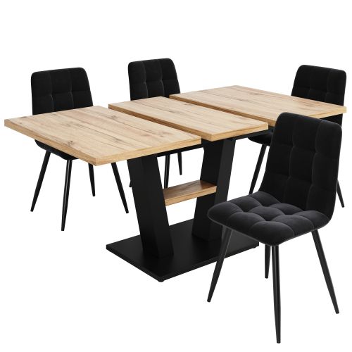 Ensemble Table Et Chaises, Table à Manger 118-157 Cm Avec Pieds Métal Et 4 Chaises En Velours Noir