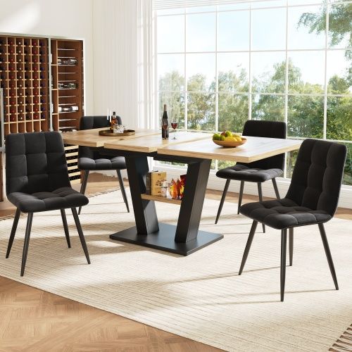 Ensemble Table Et Chaises, Table à Manger 118-157 Cm Avec Pieds Métal Et 4 Chaises En Velours Noir