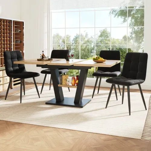 Ensemble Table Et Chaises, Table à Manger 118-157 Cm Avec Pieds Métal Et 4 Chaises En Velours Noir