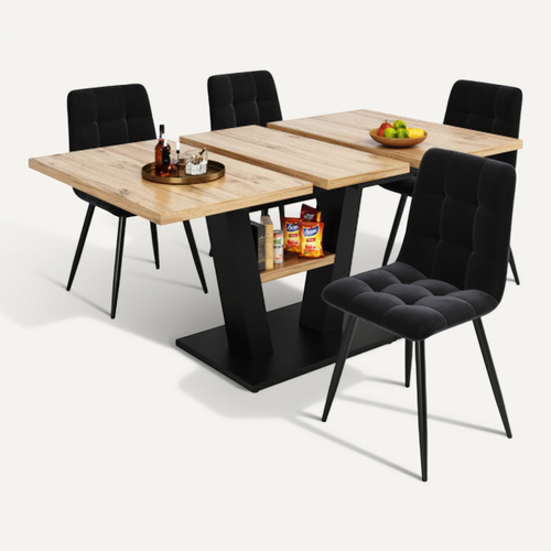 Ensemble Table Et Chaises, Table à Manger 118-157 Cm Avec Pieds Métal Et 4 Chaises En Velours Noir